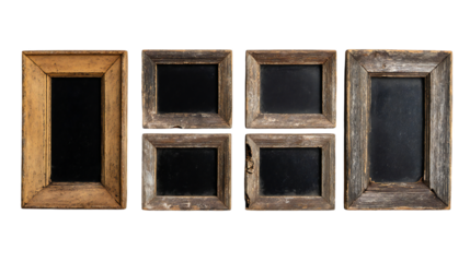 Photo of a collection of five empty vintage and rustic wooden picture frames of various sizes and shapes, isolated on a transparent background