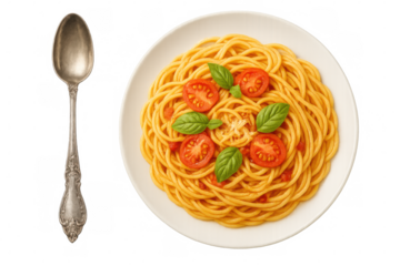 Delicious spaghetti with tomato sauce, basil and grated cheese decorating a white plate with a silver spoon on transparent background