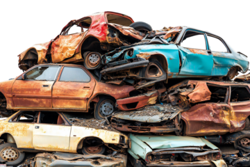 Photo of a large pile of heavily damaged and rusty wrecked cars, creating a chaotic heap of scrap metal in a junkyard isolated on transparent background