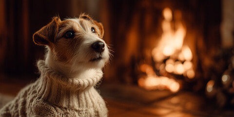 Small dog in a cream cable-knit sweater sitting near a cozy fireplace with a warm ambient glow