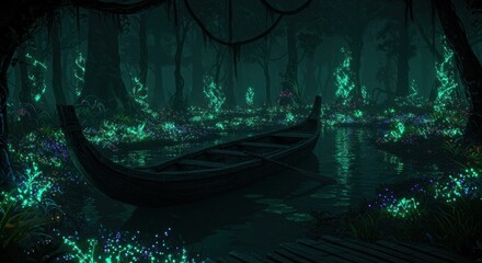 Dark swampy forest scene with boat