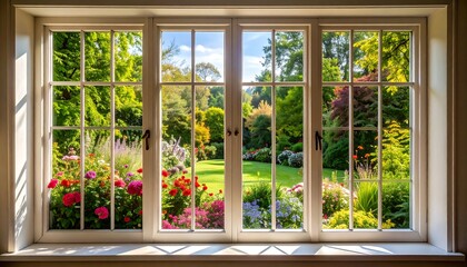 Sunny garden view through a window