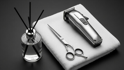 Barber tools arrangement featuring sleek silver trimmer, sharp stainless scissors, and clear aroma diffuser on white terry cloth towel, captured in clean minimalist product photography