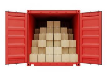 A red shipping container filled with stacked cardboard boxes isolated on transparent background