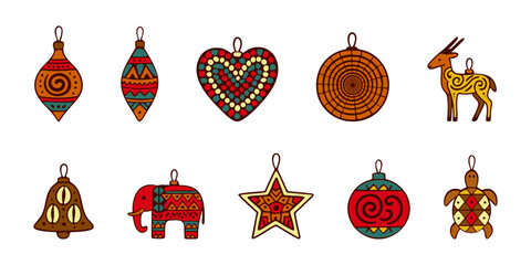 Set of colorful holiday ornaments featuring tribal and folk art designs, including animals, stars, and baubles isolated on transparent background. Vector art