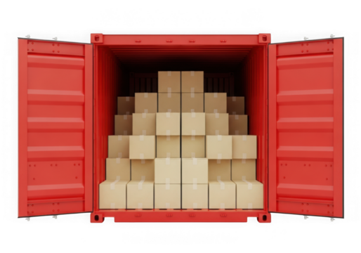 A red shipping container filled with stacked cardboard boxes isolated on transparent background