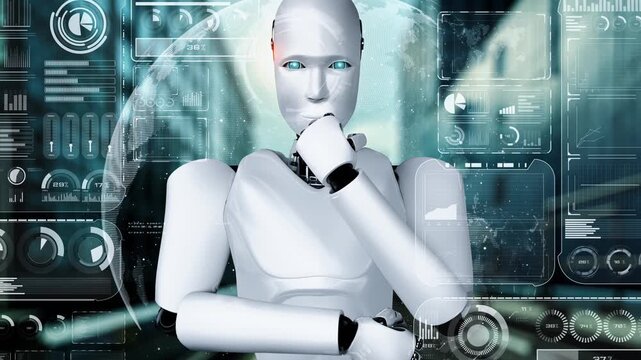 Thinking AI hominoid robot analyzing hologram screen showing concept big data analytic using artificial intelligence by machine learning process. 3D rendering.