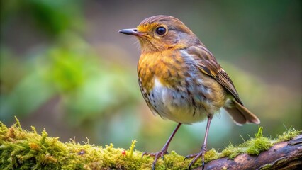 A small robin bird with an orange breast perches on a mossy branch