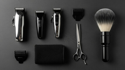 Modern Barber Tool Set with Clippers, Scissors, Brush, and Guards Arranged on Dark Surface
