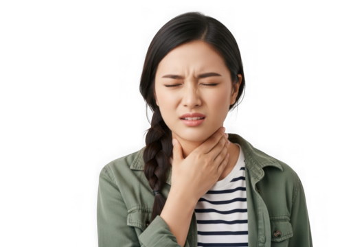 A young woman experiencing a sore throat isolated on transparent background