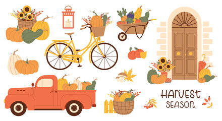 Autumn harvest collection with truck, pumpkins, farmhouse door, bike, and fall baskets. Vector illustration for seasonal decor, Thanksgiving design, rustic clipart