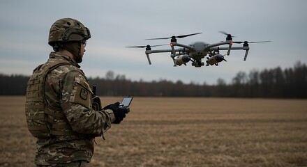 Soldier in camouflage operating a military surveillance drone with a remote controller in an open field.