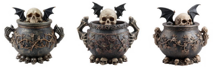 Three gothic cauldrons with skulls and bat wings, isolated on transparent background
