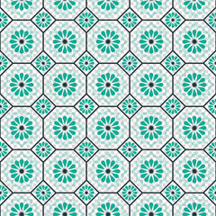 seamless pattern with teal floral motifs and intricate geometric lines, with transparent background.