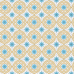 seamless moroccan tile pattern with blue stars and yellow geometric circles, with a transparent background