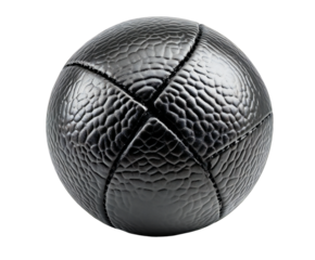 Photo of a textured black sphere with a segmented pattern sits isolated on a plain transparent background
