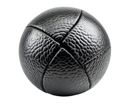 Photo of a textured black sphere with a segmented pattern sits isolated on a plain transparent background