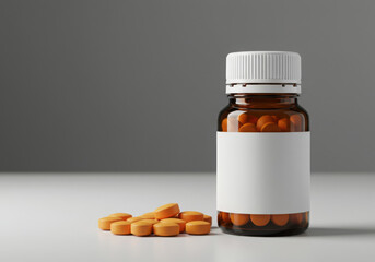 Medicine bottle with blank label and orange pills on white surface