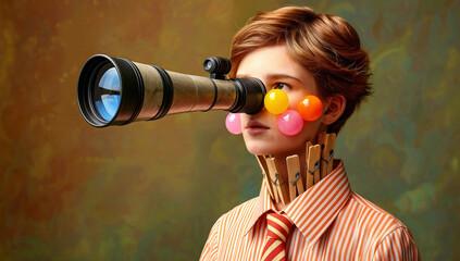 Portrait of Person with Telescope, Balls, and Clothespins
