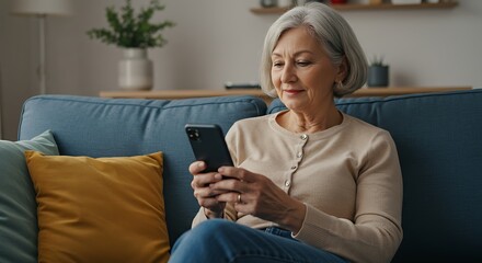 Content senior woman uses smartphone on a cozy sofa, embracing modern digital connectivity and comfortable everyday technology in her living room.