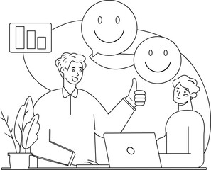 Flat Design Illustration of Friendly Business Manager Giving Positive Feedback to an Employee in a Cheerful Modern Office Setting With Minimalist Style and Stroke Black Color.