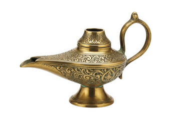 An ornate brass genie lamp sits ready for wishes, isolated on transparent background