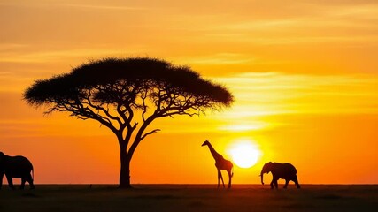 A majestic african savanna sunset illuminates the silhouettes of elephants and a giraffe beneath a sprawling acacia tree, creating a breathtaking natural spectacle - Powered by Adobe