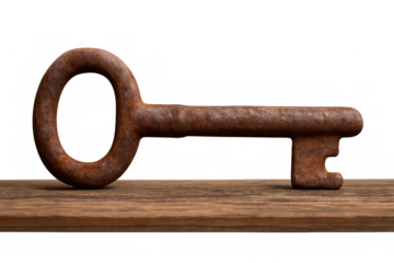 Old rusty key resting on wooden shelf with transparent background