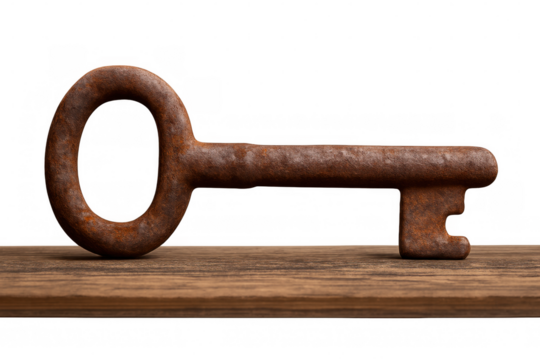 Old rusty key resting on wooden shelf with transparent background