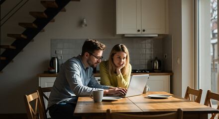 Young Caucasian couple sitting together at a wooden table in their modern home, focused on using a laptop for planning or work