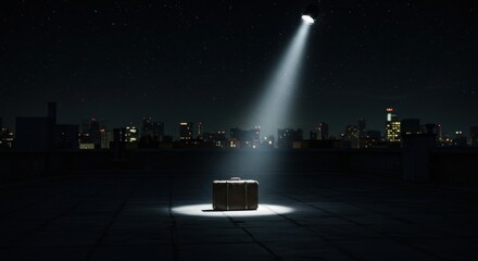 Suitcase illuminated on rooftop at night
