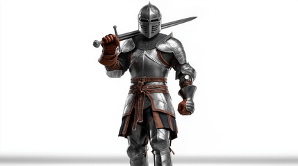 Fototapeta premium Medieval Knight Armor Sword Ready - Battle Stance Steel Warrior Portrait