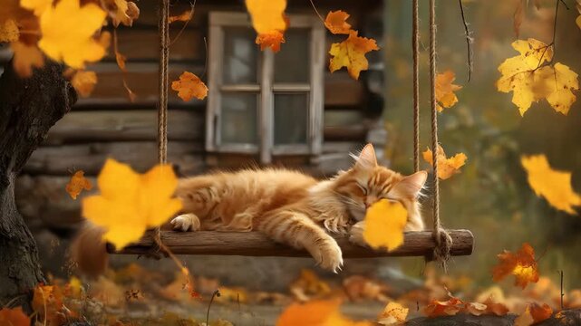 Ginger cat peacefully resting on a wooden swing surrounded by vibrant autumn leaves, with a rustic cabin in the background, capturing the essence of a serene fall day in nature