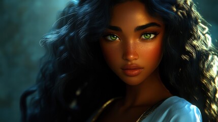 Fototapeta premium This captivating portrait features a young woman with glowing skin, striking features, and lively green eyes, radiating confidence and beauty in an enchanting light.