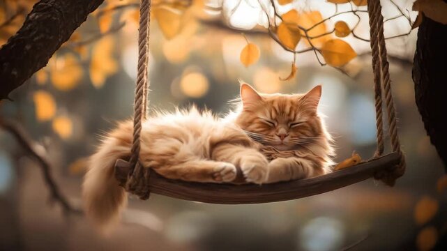 Ginger cat peacefully resting on a wooden swing surrounded by vibrant autumn leaves, with a rustic cabin in the background, capturing the essence of a serene fall day in nature