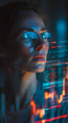 Focused female data analyst, high-tech office at night with glowing transparent data screen, analytical and intense mood, soft ambient lighting with screen reflections, complex code overlays and stock