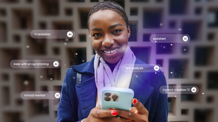 Woman smiling while using smartphone with AI features for text analysis and virtual assistance in urban setting