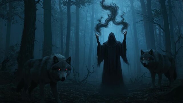 Mystical figure and wolves in dark forest