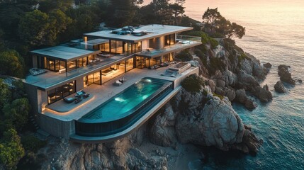This modern cliffside residence features a stunning infinity pool that seamlessly blends into the ocean view, exemplifying luxurious living in harmony with nature's beauty.