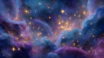 Obraz premium Vibrant cosmic abstract art featuring swirling nebula cloud deep blue magenta tone glowing golden star scattered across scene set against realistic high resolution outer space background distant