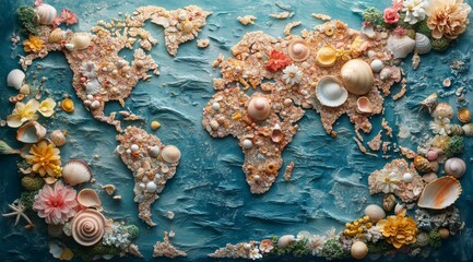 Sea style world map crafted from colorful shells flowers and marine elements showcasing intricate cartography and vibrant geography celebrating oceanic beauty