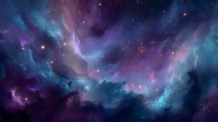 Fototapeta premium Vibrant cosmic abstract art featuring swirling nebula cloud deep blue magenta tone glowing golden star scattered across scene set against realistic high resolution outer space background distant