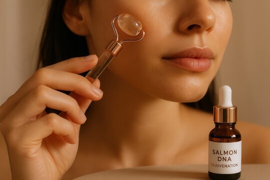 Woman using roller to apply salmon DNA booster serum for skincare routine