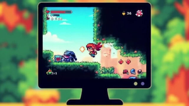 A monitor displays a pixelated platformer game with a red haired character jumping