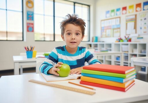Excited boy holding green apple at desk in colorful classroom