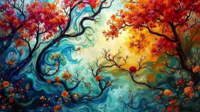 Stunning abstract nature scene with flowing water and vibrant autumn trees evokes peace and serenity in a contemporary art style for backgrounds