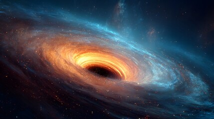 Wide angle panorama of black hole accretion disk glowing orange blue gases swirling around the dark core stars scattered in deep space natural cosmic glow and detailed particle effects hyper realistic