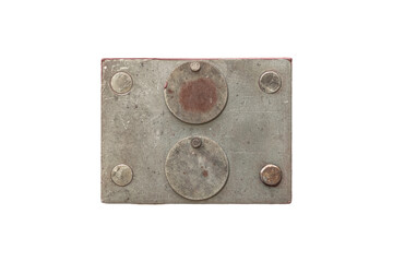 Old metal door lock with round keyhole covers is isolated