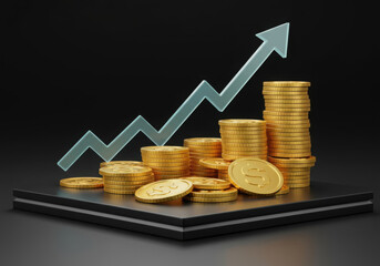Gold coin stacks finance growth arrow investment success concept