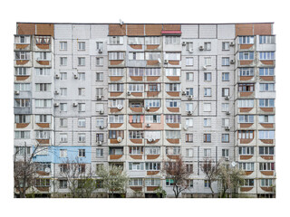 Nine-storey panel prefabricated apartment building is isolated